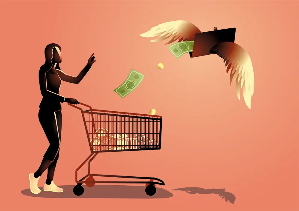 Iluestración simbólica en la que una mujer que empuja un carro de la compra ve cómo su dinero vuela.