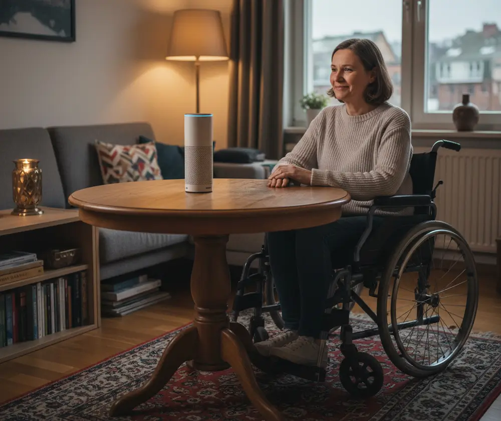 Persona en silla de ruedas frente a un dispositivo Alexa.