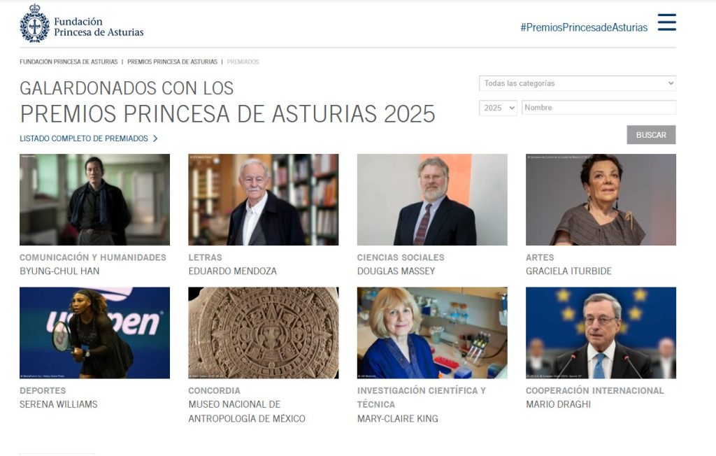 Los premiados de los Premios Princesa de Asturias: Byung-Chul Han, Eduardo Mendoza, Douglas Massey, Graciela Iturbide, Serena Williams, Museo Nacional de Antropología de México, Mary-Claire King y Mario Draghi.