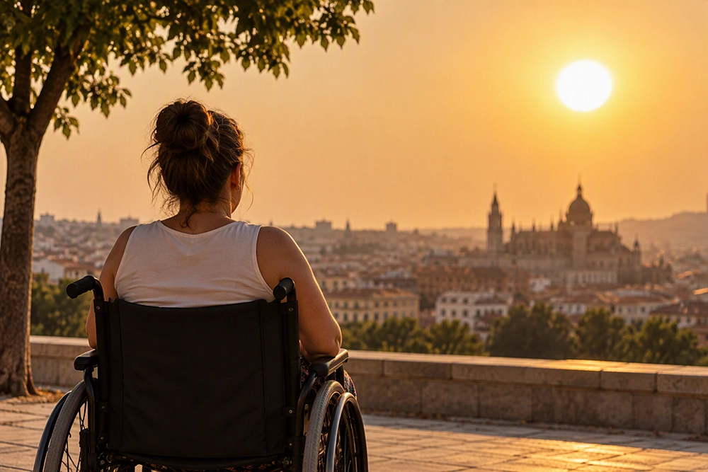 Persona usuaria de silla de ruedas, de espaldas, ante una ciudad durante una ola de calor