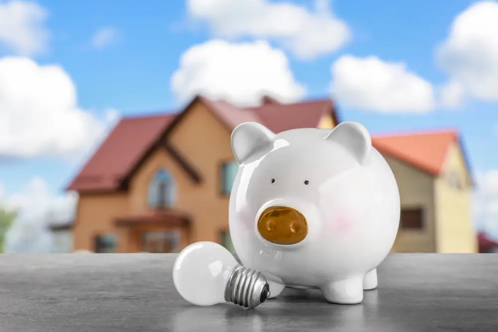 Una hucha con forma de cerdito y una bombilla aparecen en primer plano, con una vivienda desenfocada al fondo, como símbolo del ahorro energético y económico en el hogar.