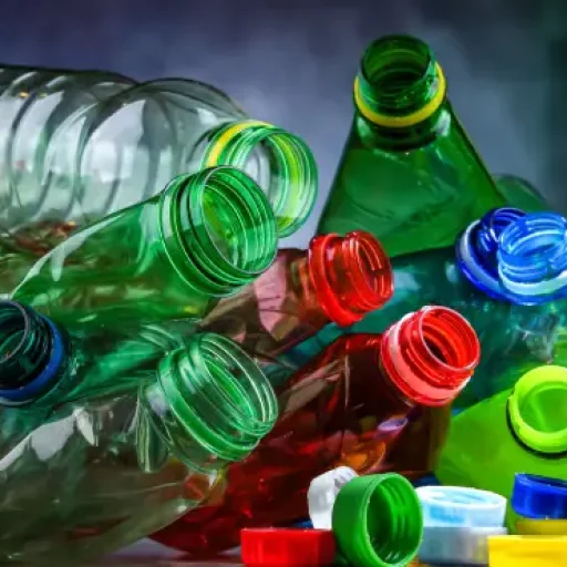 Montón de botellas y envases de plástico vacíos y aplastados, preparados para su reciclaje.