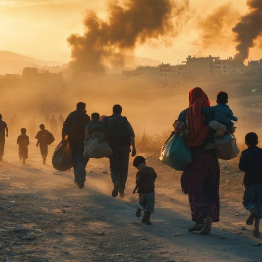Refugiados huyendo en una zona de conflicto.