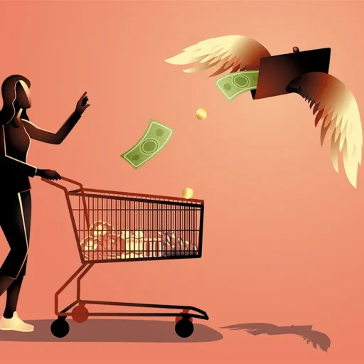 Iluestración simbólica en la que una mujer que empuja un carro de la compra ve cómo su dinero vuela.