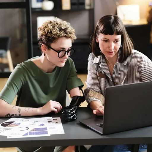 Dos personas jóvenes, una de ellas con discapacidad, observan la pantalla de ordenador portátil.