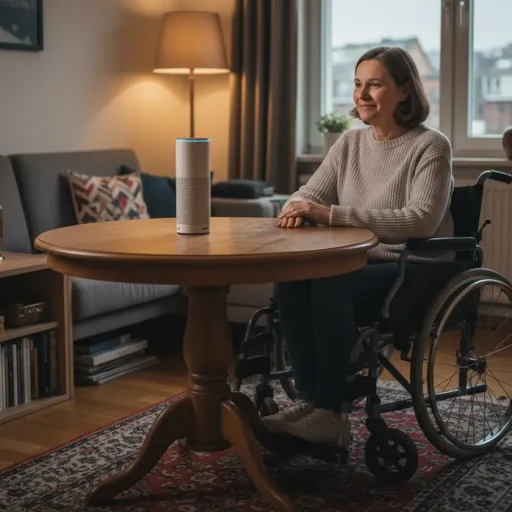 Persona en silla de ruedas frente a un dispositivo Alexa.